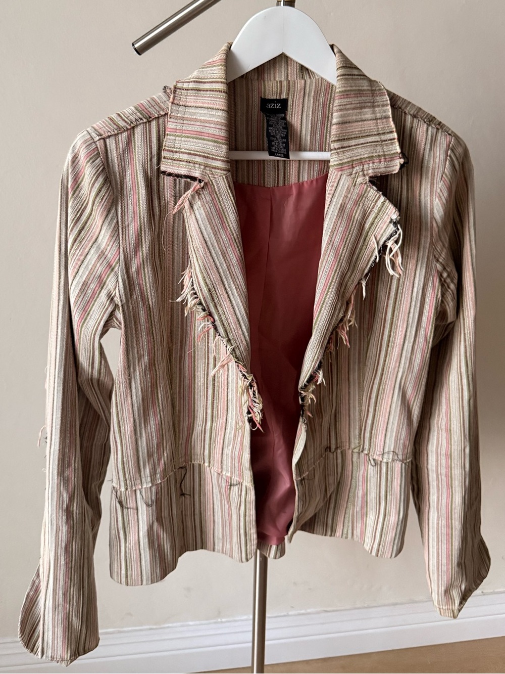 Vintage Striped Frayed Blazer Jacket - Pink & Cream